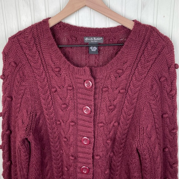 Alexandra Bartlett Burgundy Maroon Chunky Knit Sweater Wool Pom Pom Cardigan X - Picture 3 of 5